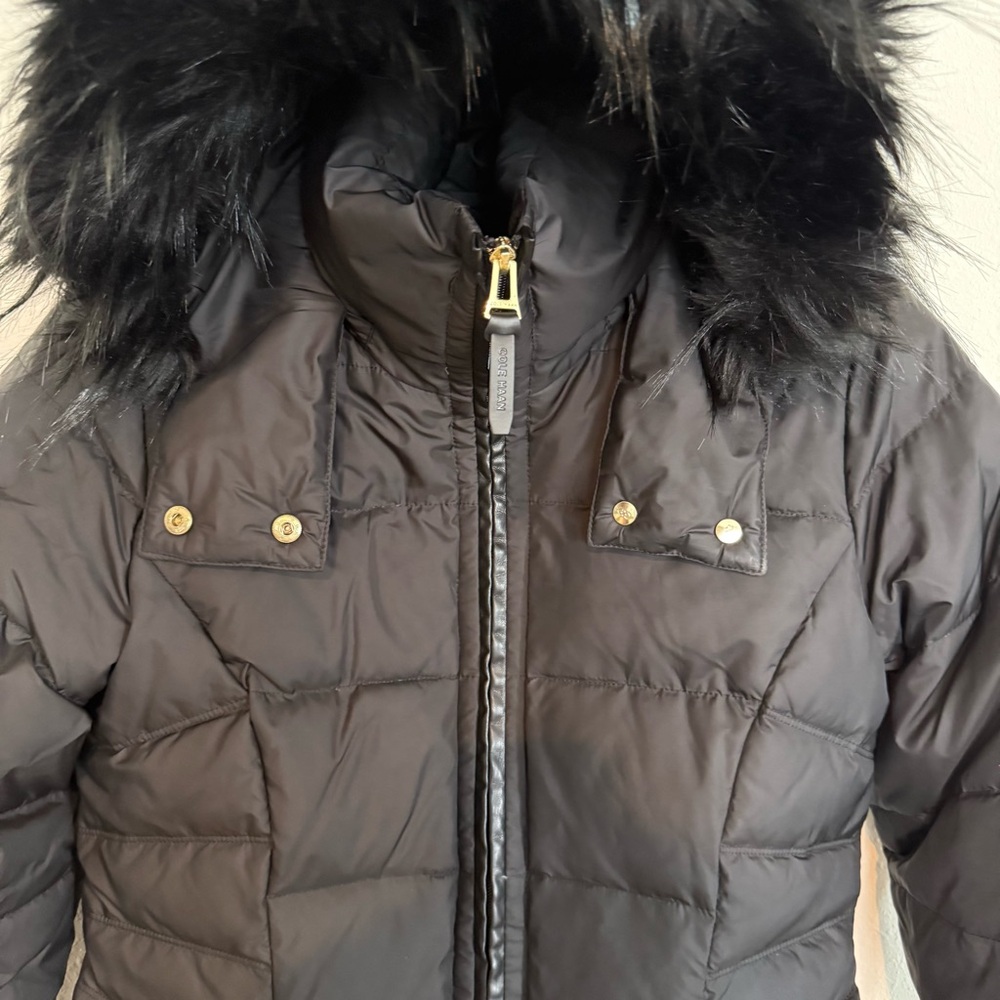 Women’s Cole Haan Black Puffer Coat Knee Length Hooded Size Medium Down Fill - Picture 3 of 7